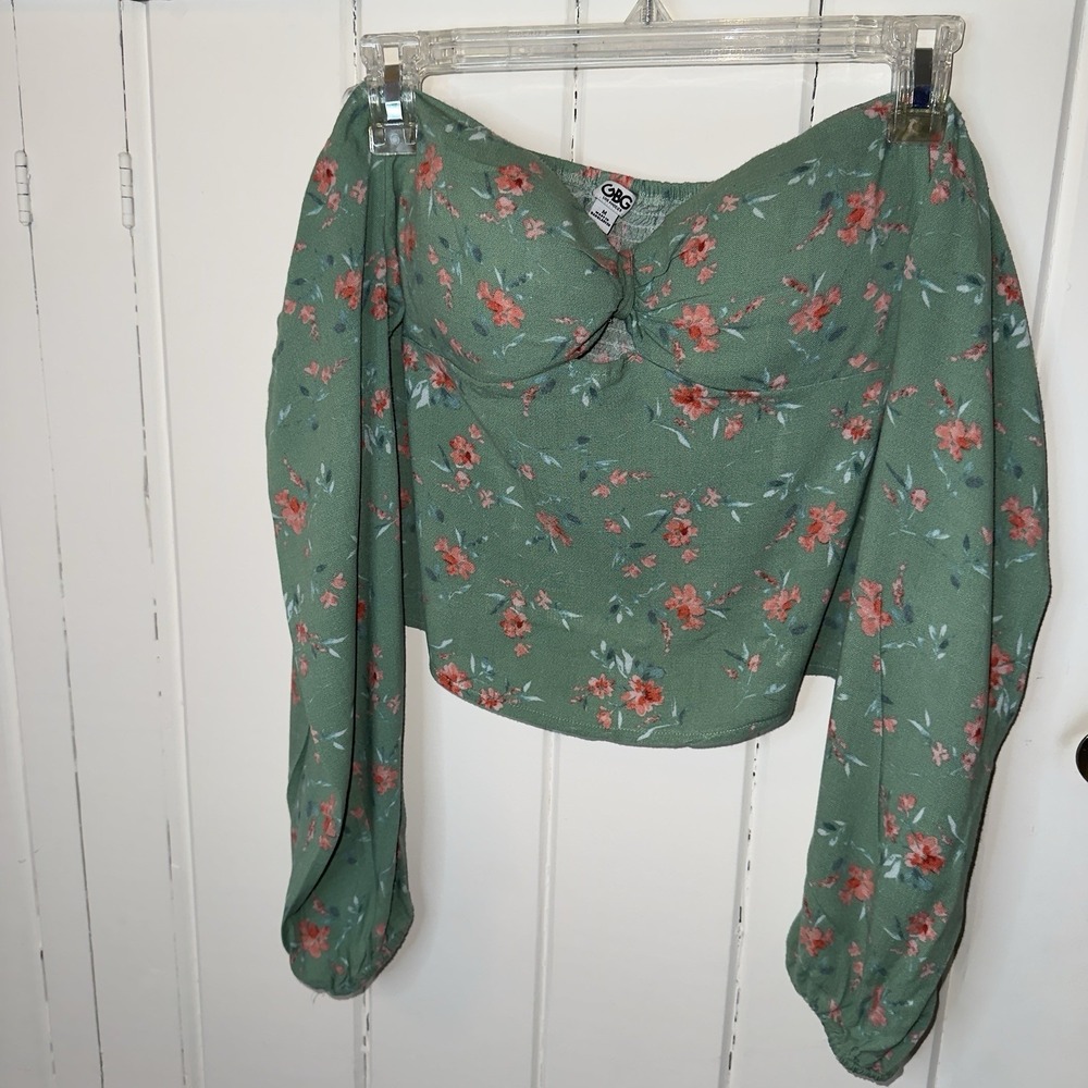 GBG Los Angeles Green Floral Crop Corset Top keyhole Bell Long Sleeves Size M